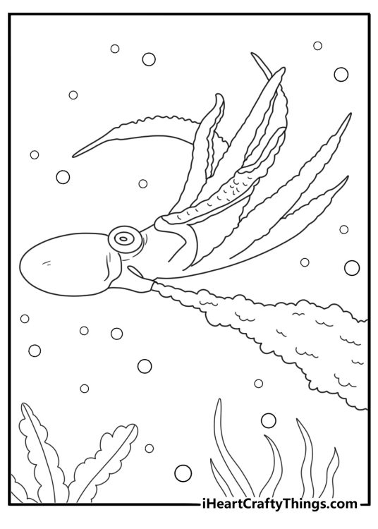 Octopus releasing ink cloud escape scene easy coloring printable