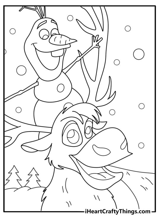 Olaf coloring page with Sven the reindeer in snowy field