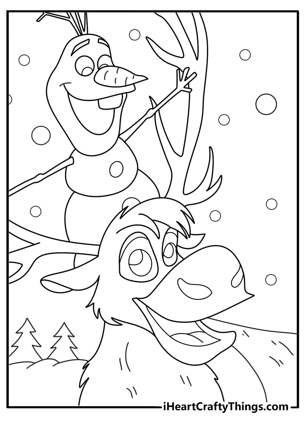 Olaf coloring page with Sven the reindeer in snowy field