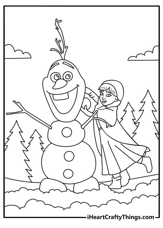 Olaf coloring page with snowman building scene in winter forest