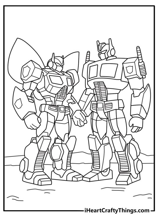 Optimus Prime and Bumblebee standing side by side transformers coloring page