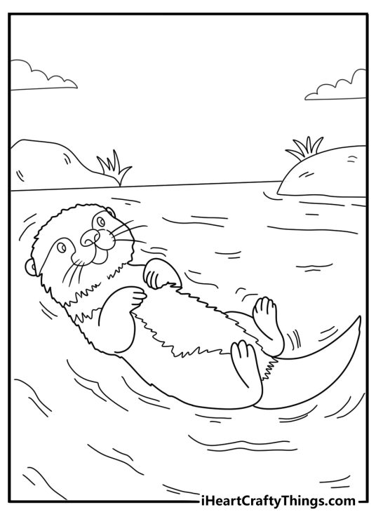 Otter floating in forest river cute coloring printable