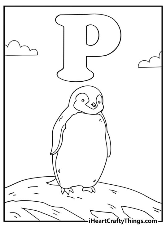P for penguin coloring page with bird on ice floe