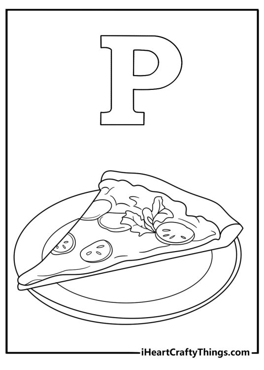 P for pizza coloring sheet with slice on plate
