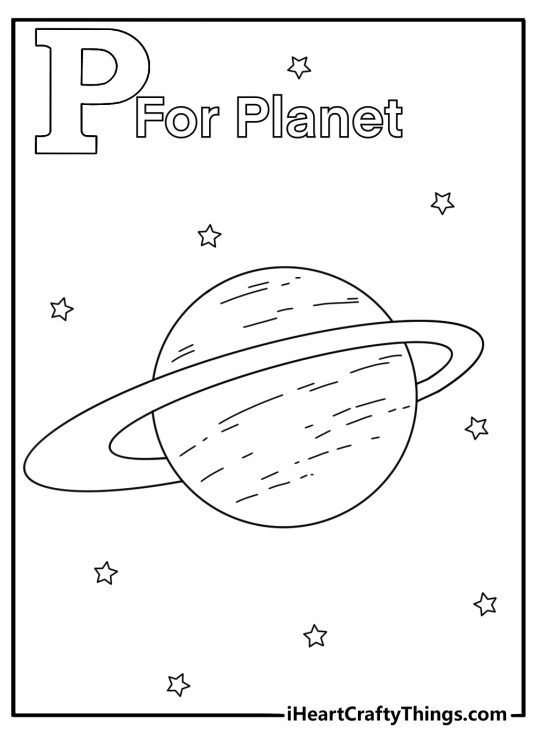 P for planet coloring page with ringed planet in space