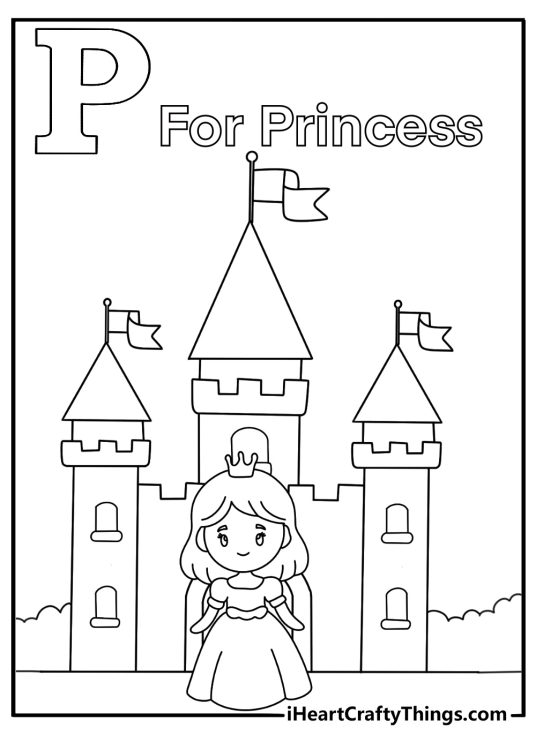 P for princess coloring page with crown and castle tower