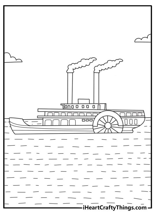Paddle steamer with large side wheel river boat coloring page