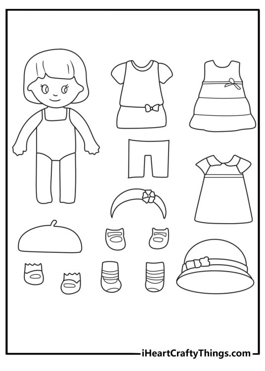Paper doll with changeable outfits fun coloring sheet for kids