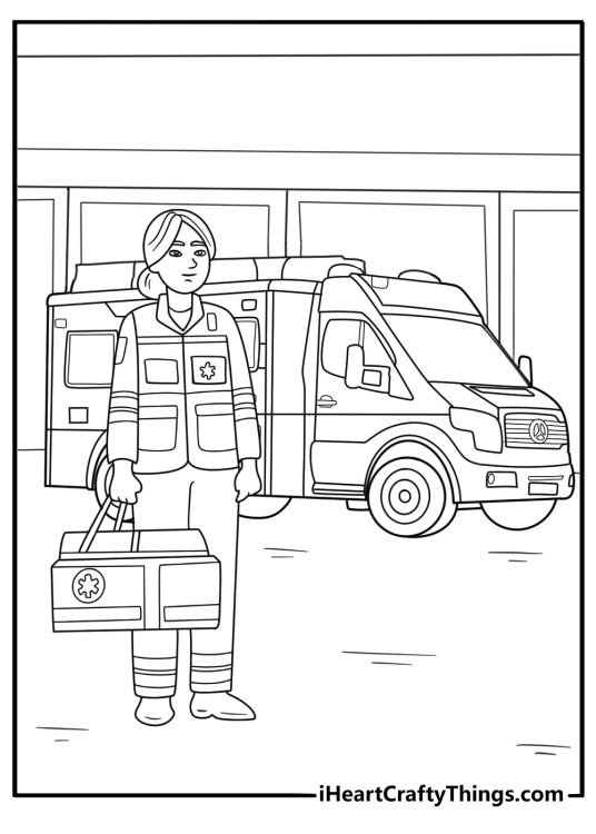 Paramedic stepping out of ambulance with first aid bag coloring printable for kids