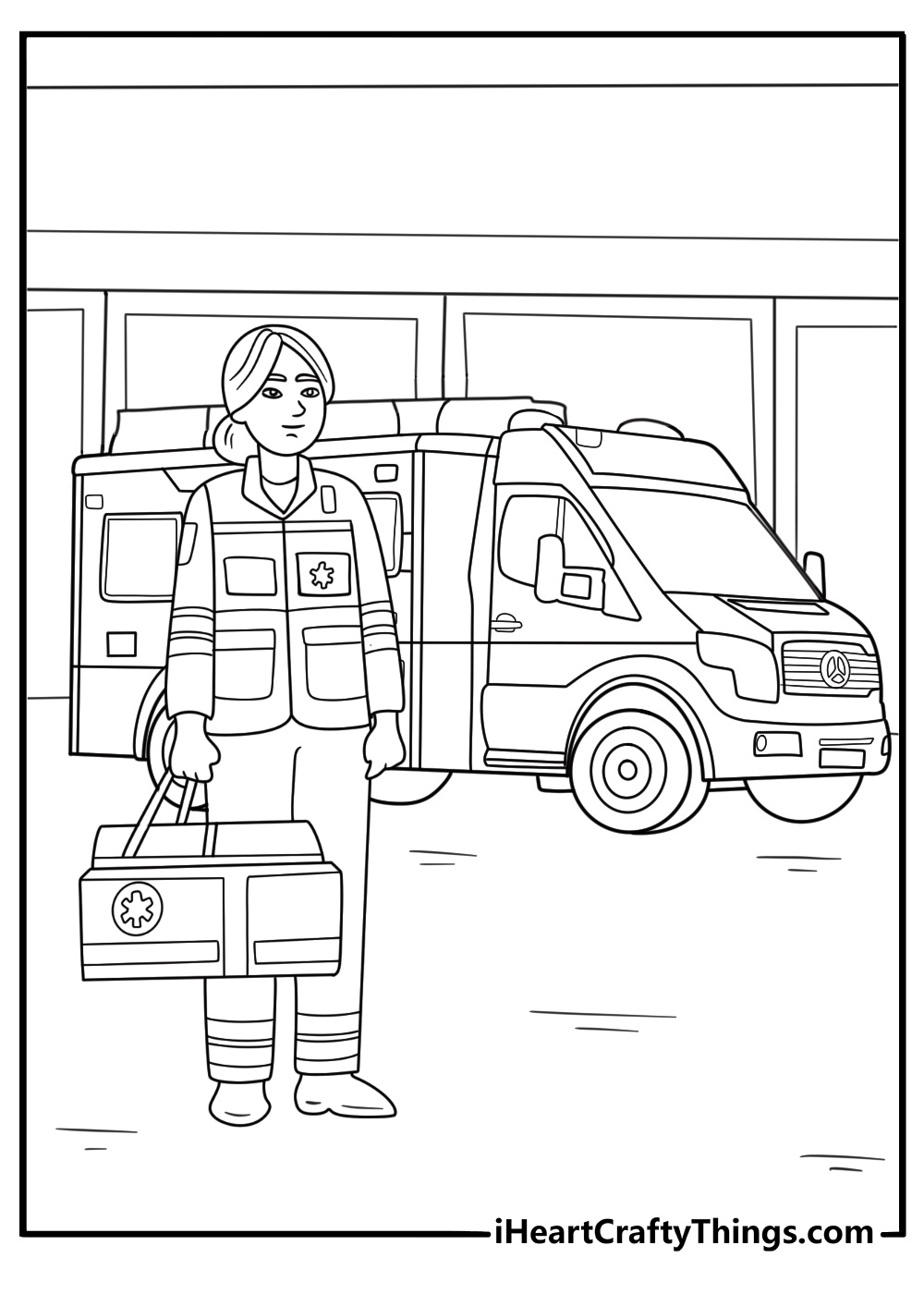 Paramedic stepping out of ambulance with first aid bag coloring printable for kids