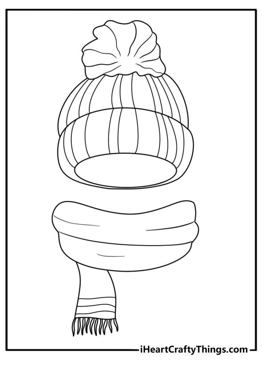 Pattern of knitted hats and scarves for January coloring sheet