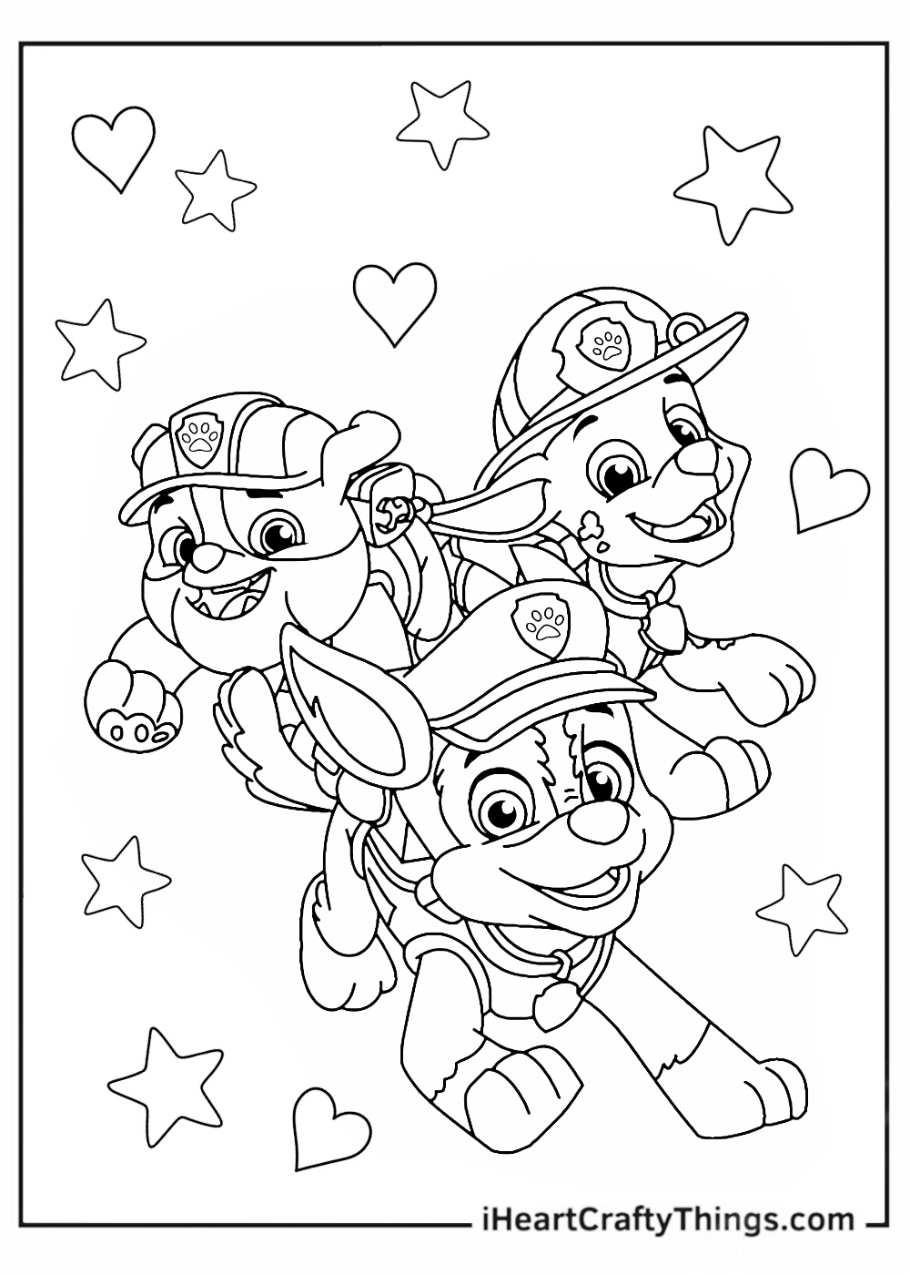 Paw Patrol printable of Rubble with Marshall at the top and Chase at the bottom of the page with stars all around