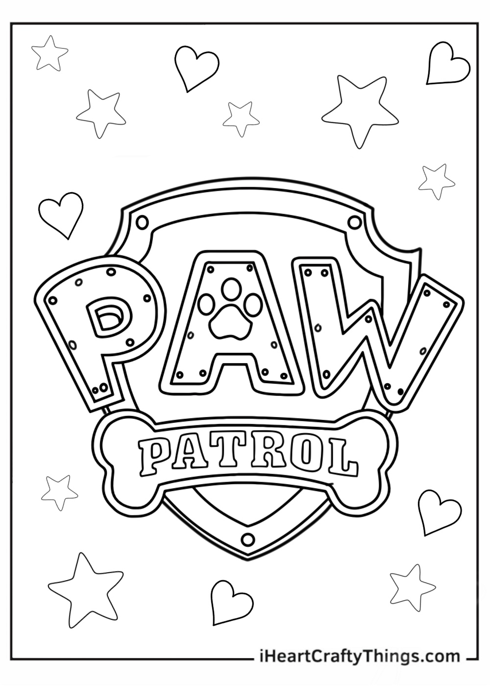 Free printable coloring sheet featuring Paw Patrol logo surrounded by hearts and stars