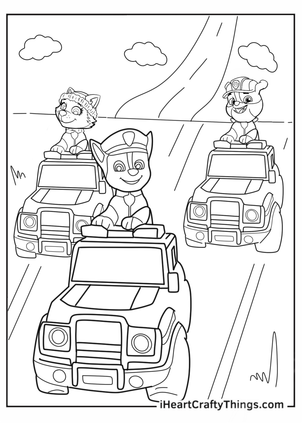 Paw Patrol picture featuring characters Everest Chase and Rubble on a road in their vehicles