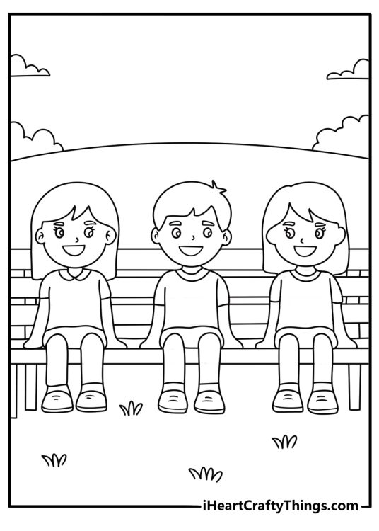 Peace coloring page for kids showing children sharing a garden bench