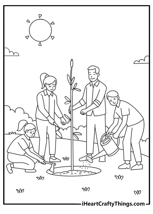 Peace coloring pages scene featuring people planting a young tree together