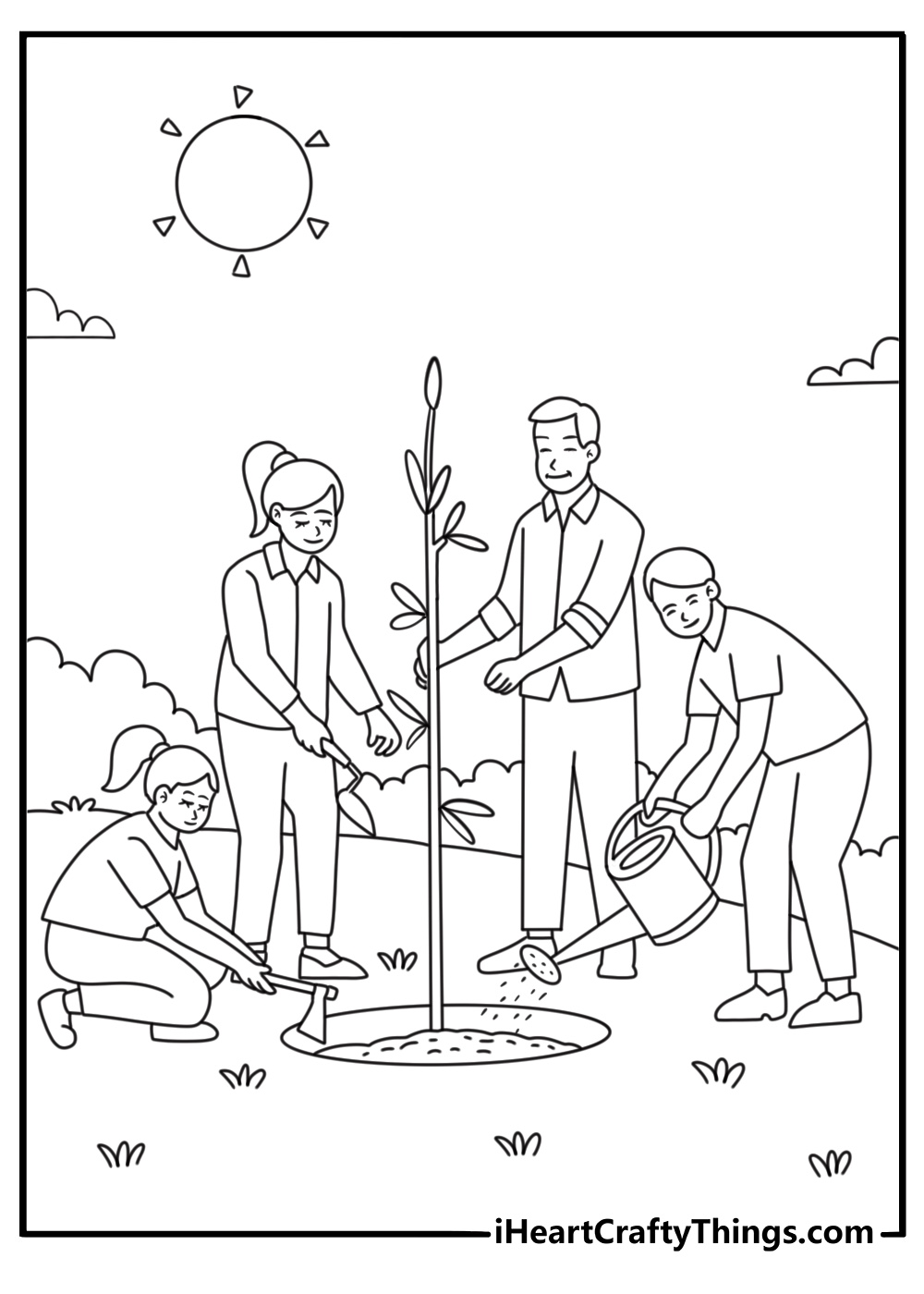 Peace coloring pages scene featuring people planting a young tree together
