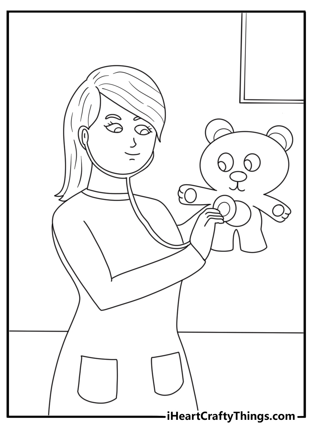 Pediatrician checking teddy bear with otoscope cute coloring sheet for kids