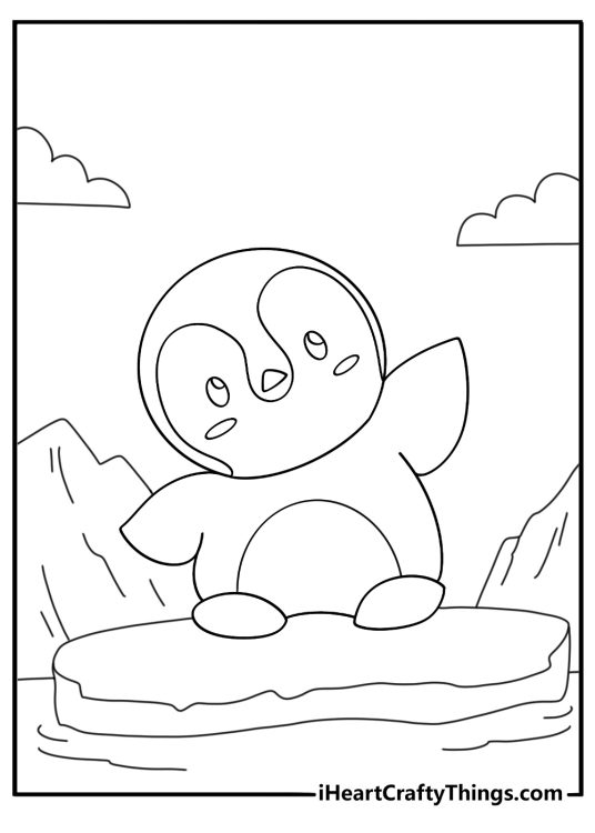 Penguin standing on ice next to small iceberg kawaii bird coloring page for kids printable