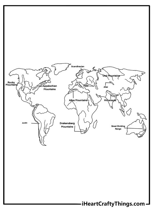 Physical world map printable with mountain ranges and major rivers outlined