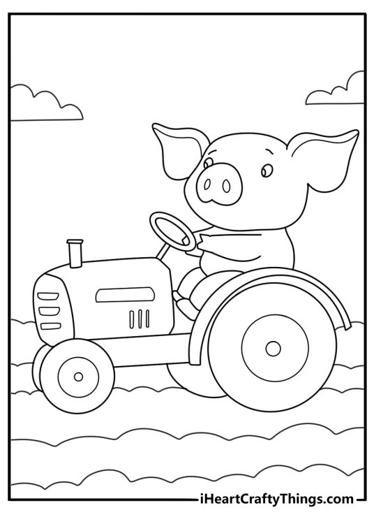 Pig coloring page showing pig riding in tractor on field