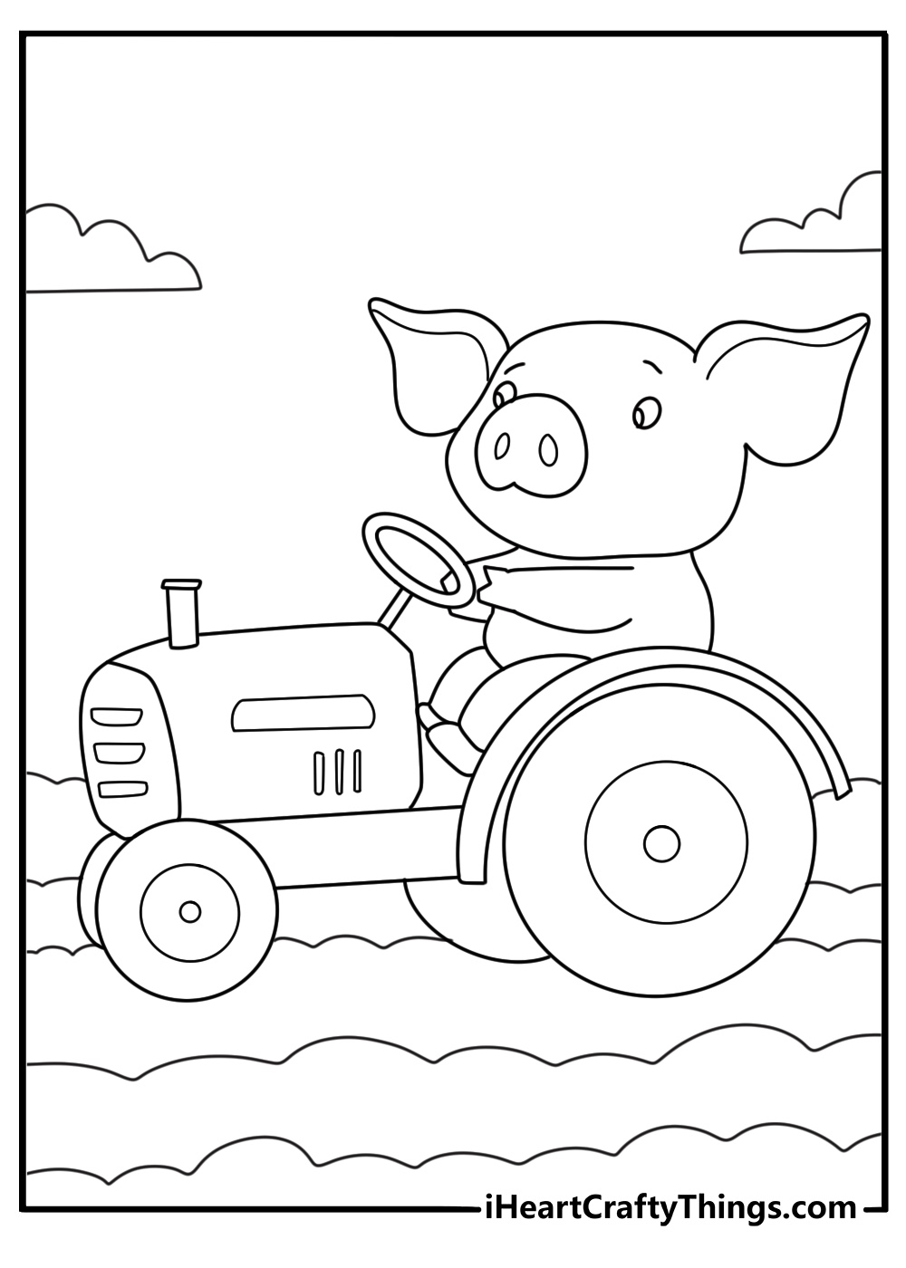 Pig coloring page showing pig riding in tractor on field