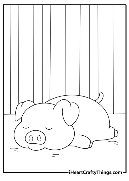 Pig coloring page with farm pig resting under wooden barn shelter