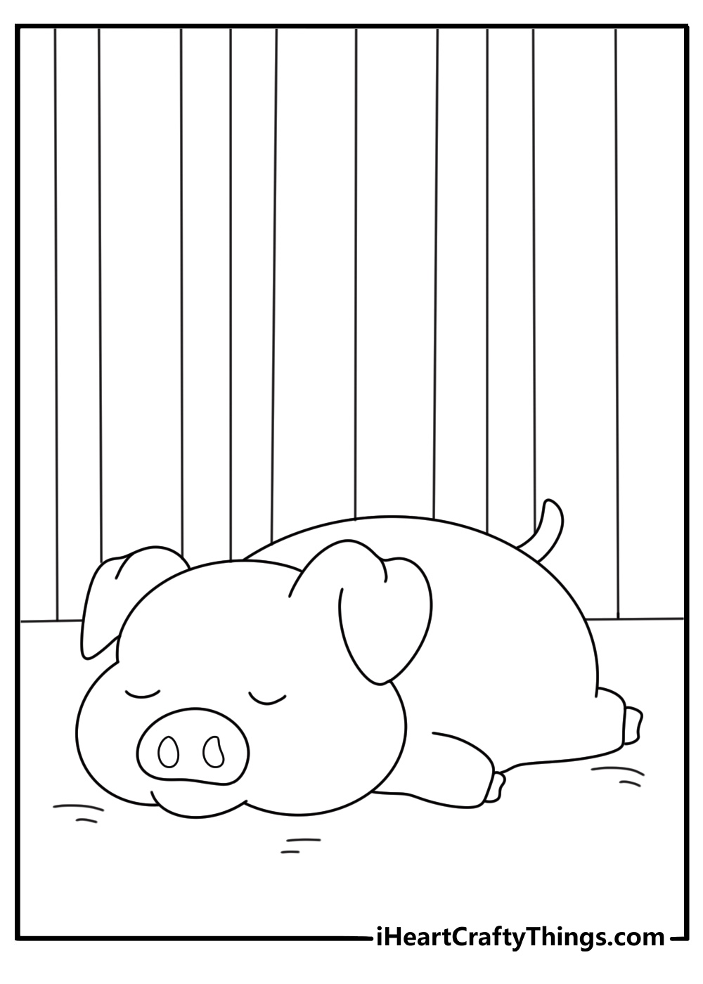 Pig coloring page with farm pig resting under wooden barn shelter