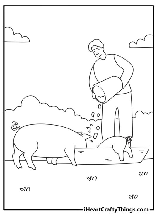 Pig coloring page with farmer feeding pig near trough