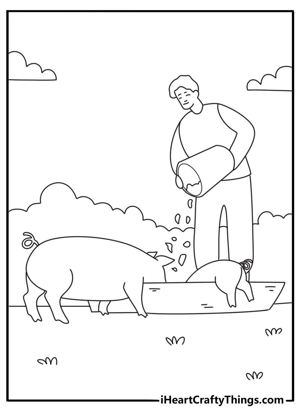 Pig coloring page with farmer feeding pig near trough