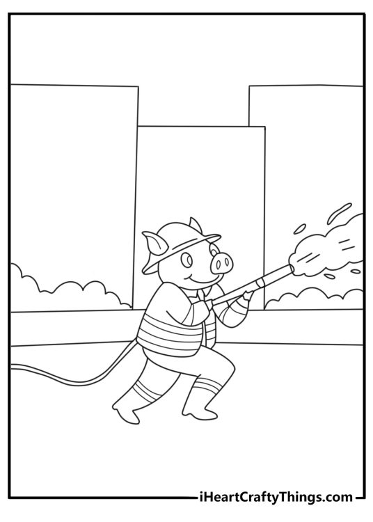 Pig firefighter spraying water from hose fun printable
