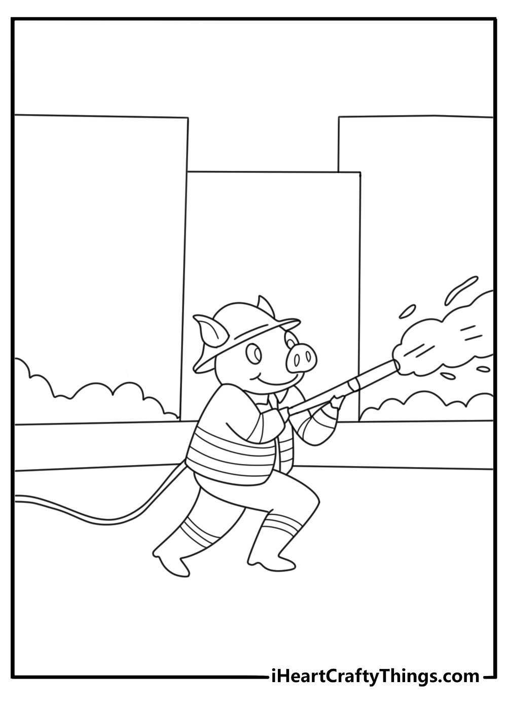 Pig firefighter spraying water from hose fun printable