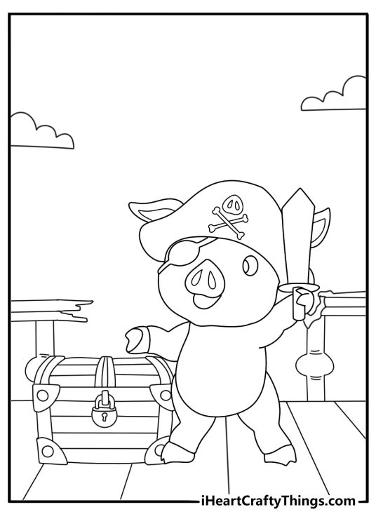 Pig pirate with treasure chest adventure coloring page