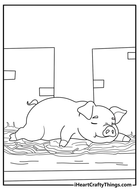 Pig sleeping in straw simple coloring page pdf
