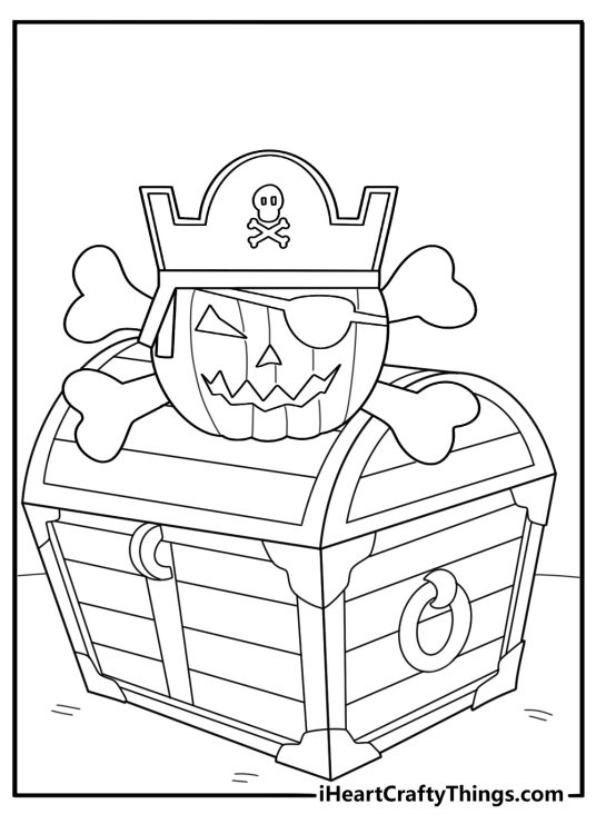 Pirate Jack O Lantern coloring page with eye patch and small treasure chest
