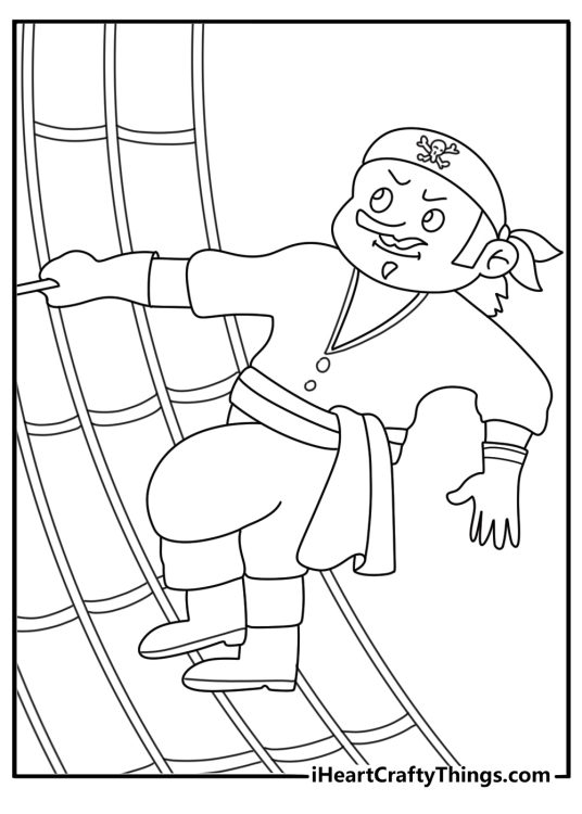 Pirate coloring page for kids with a sailor climbing rope ladder on a mast