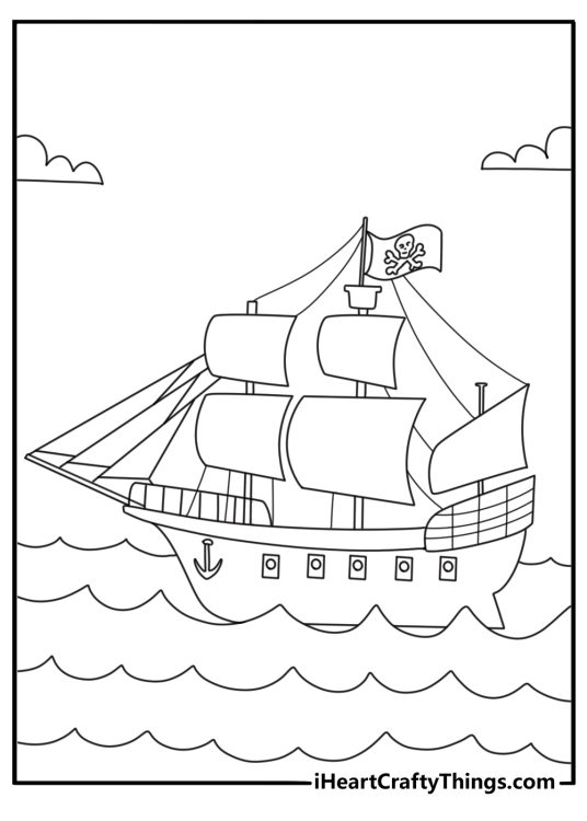 Pirate coloring page with a captain steering a ship through big waves