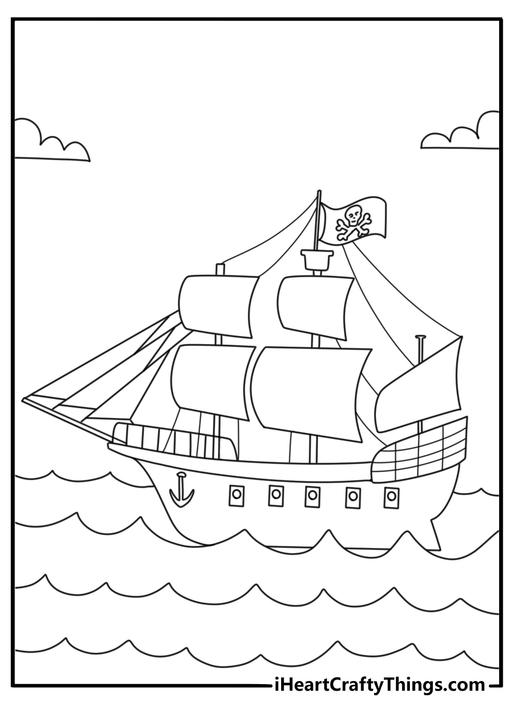 Pirate coloring page with a captain steering a ship through big waves