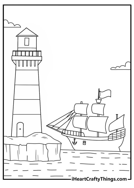 Pirate coloring pages pdf with a lighthouse near rocky shore and sailing ship