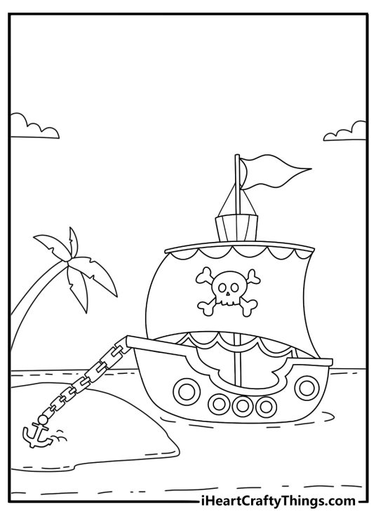 Pirate coloring pages printable with a ship anchored beside a small island