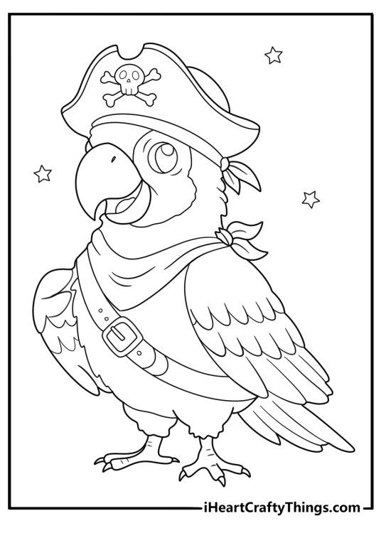 Pirate parrot coloring page on a captains shoulder with tricorn hat kawaii style