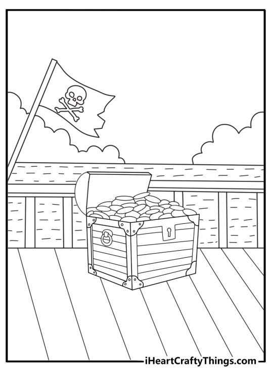 Pirate ship with treasure chest on deck fun coloring sheet for kids