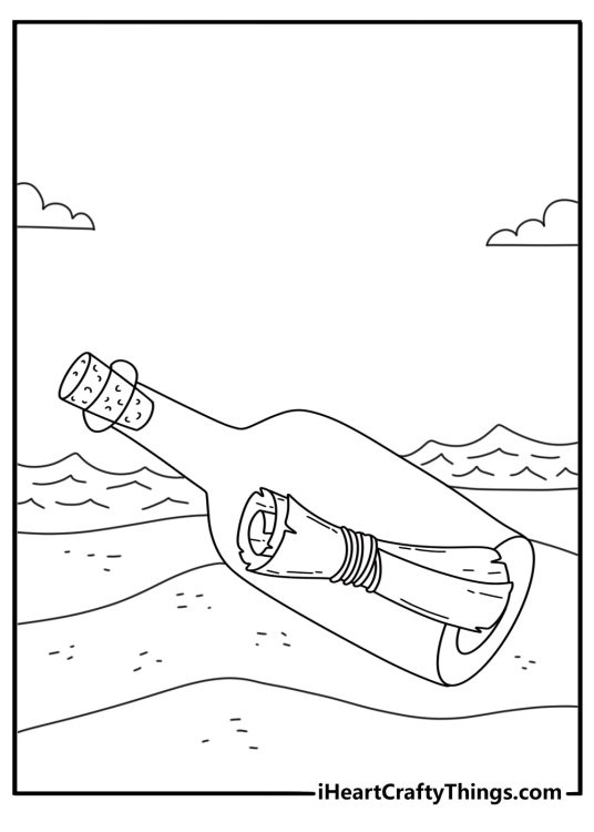 Pirate themed coloring pages with a bottle message washed onto the beach
