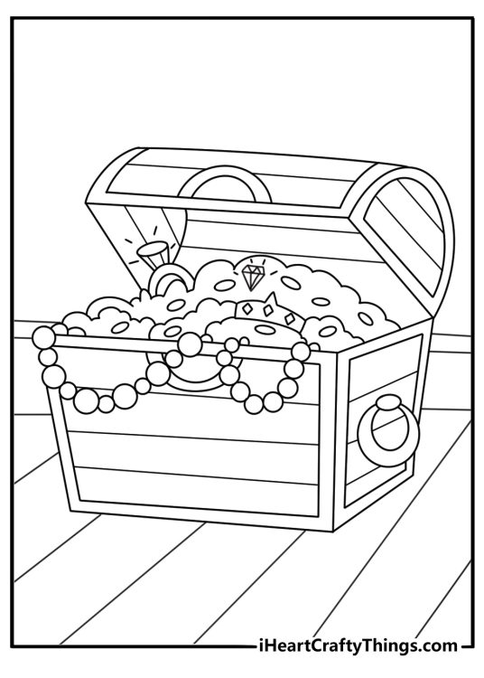 Pirate treasure chest coloring page with gold coins and shining jewels