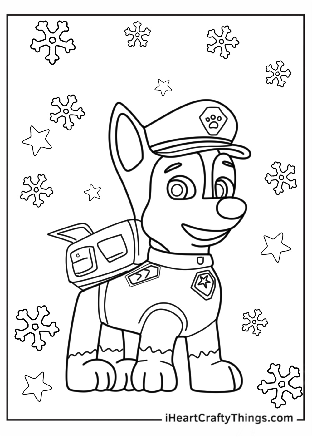 Paw Patrol coloring picture for pre-schoolers of a police dog Chase surrounded with snowflakes