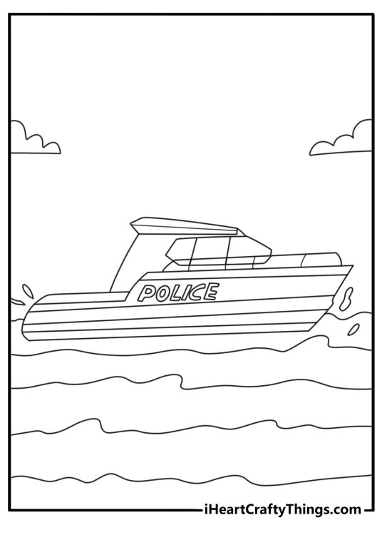 Police boat coloring page with siren lights and bold stripes