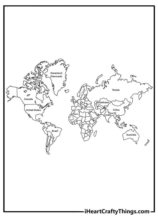 Political world map coloring page with clear country names in bold text