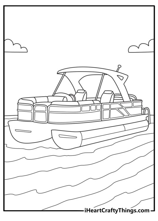 Pontoon boat floating on lake with seats and canopy easy coloring page