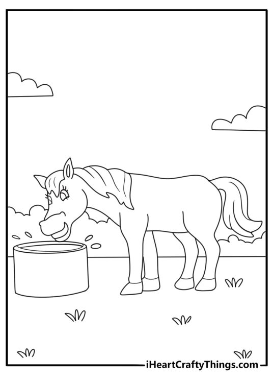 Pony drinking at water trough cute coloring printable