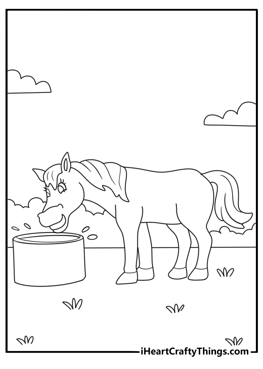 Pony drinking at water trough cute coloring printable